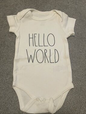 Rae Dunn Cream "HELLO WORLD" Baby One-Piece Bodysuit
